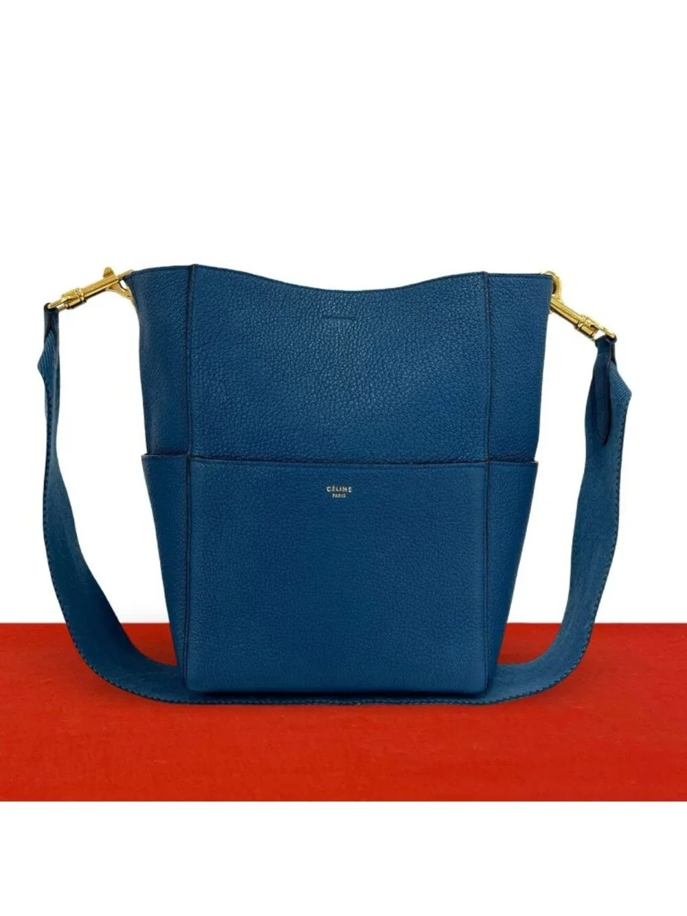 Celine Sangle Bucket Leather Shoulder Bag Tote Blue